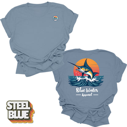 Back graphic of vintage marlin tee in Steel Blue by Blue Water Apparel