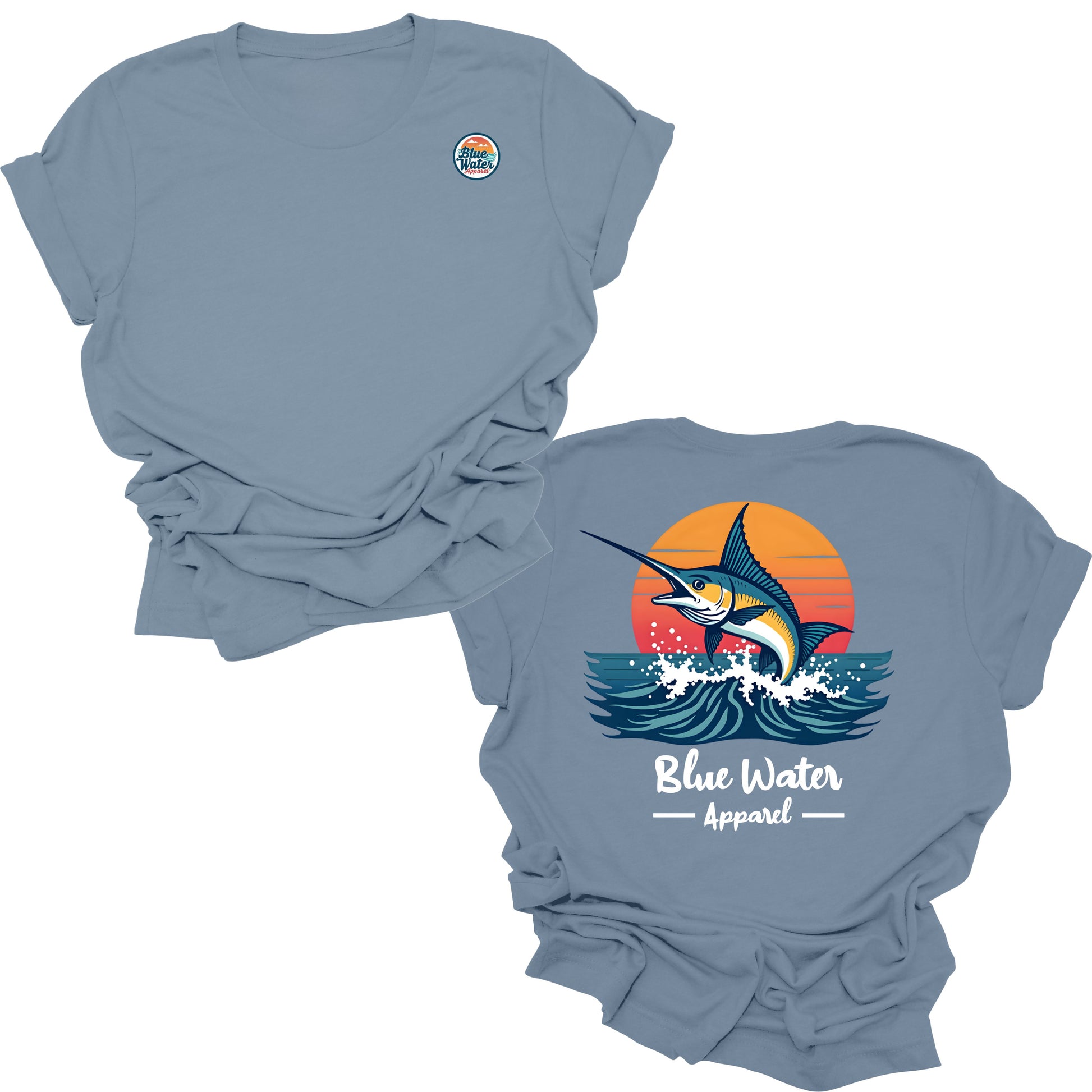 flat lay steel blue vintage marlin tee by blue water apparel