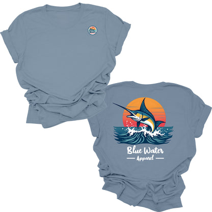 flat lay steel blue vintage marlin tee by blue water apparel