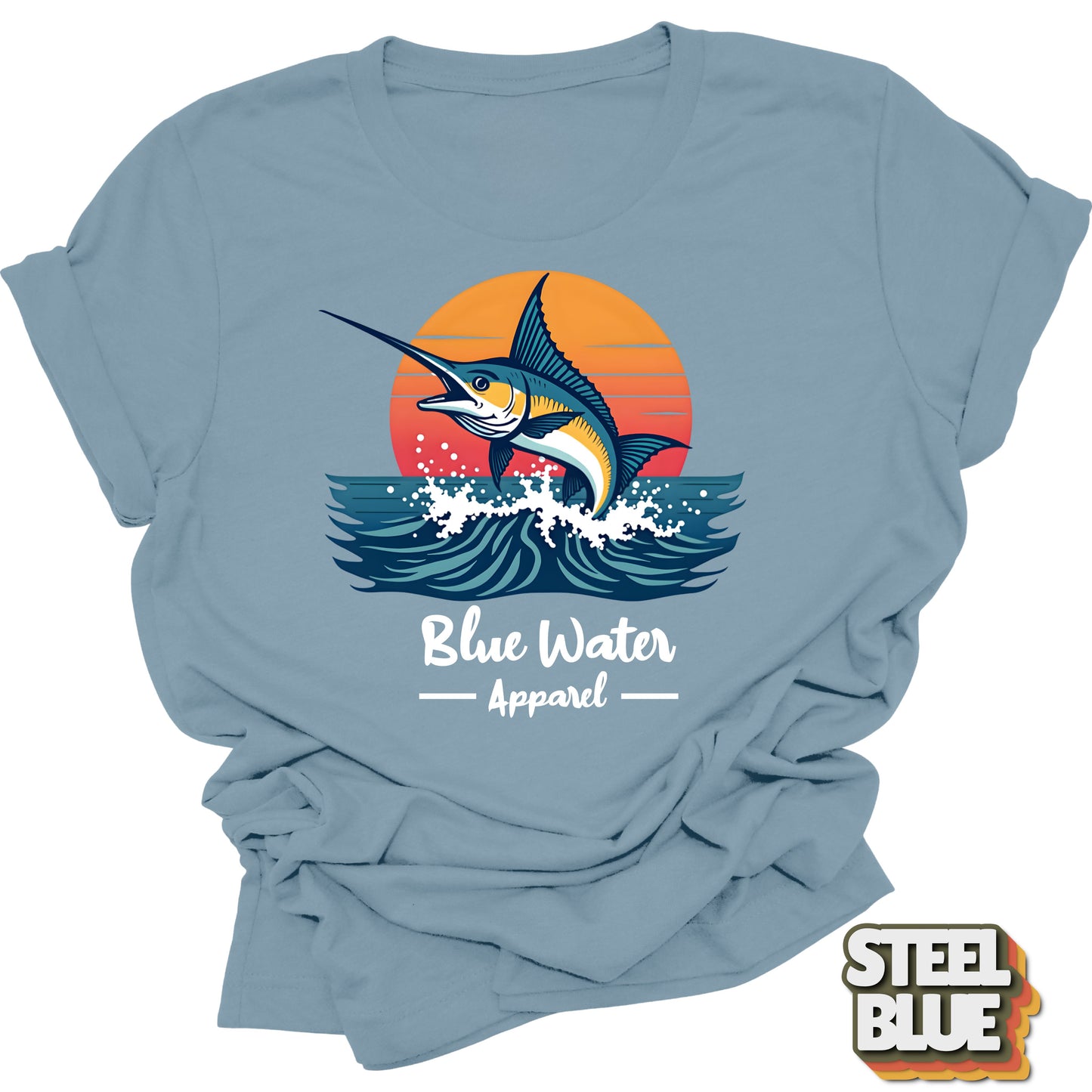 front graphic vintage marlin tee in steel blue by blue water apparel
