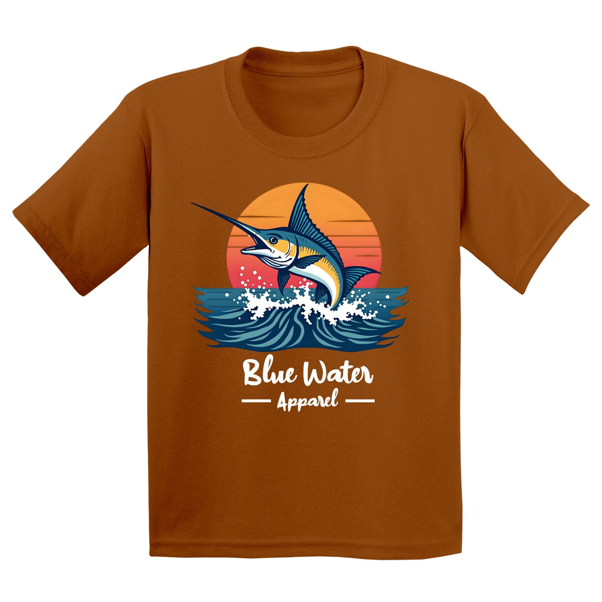 flat lay texas orange vintage marlin kids tee by blue water apparel
