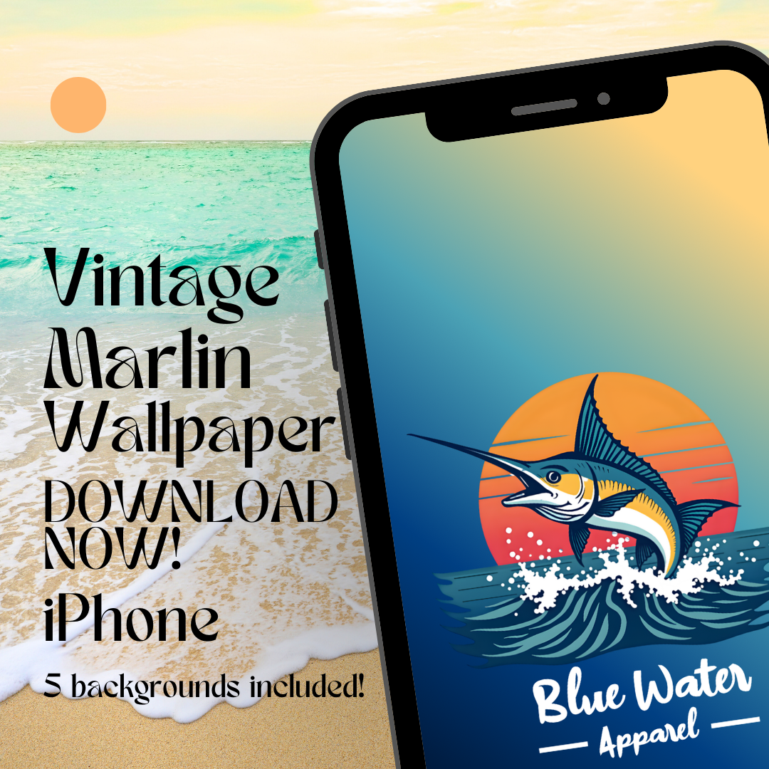 Vintage marlin iphone wallpaper mockup with beach background by blue water apparel