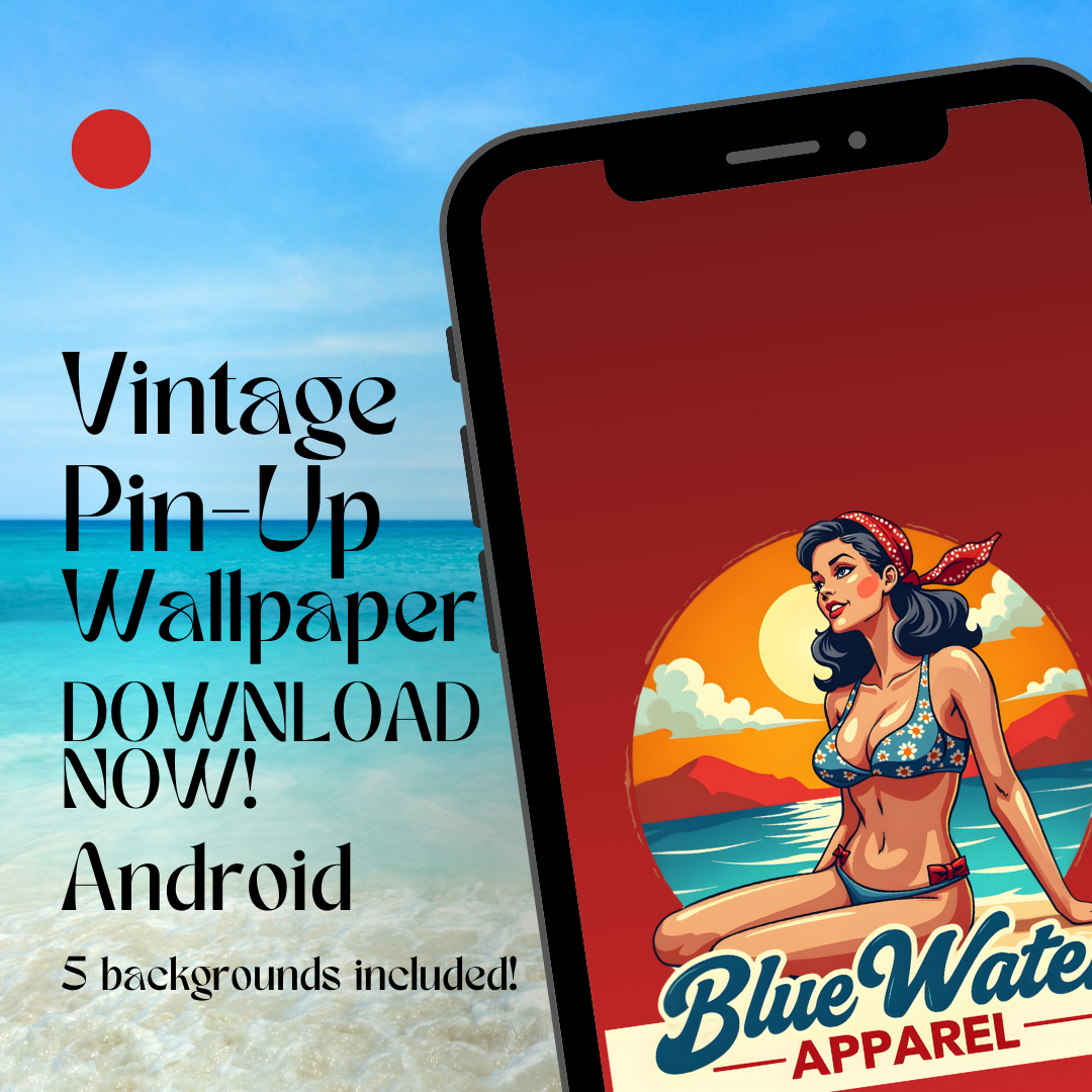 Vintage Pin-Up android mockup with beach background by blue water apparel