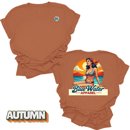 Flat lay tee in Autumn of Vintage Pin-Up by Blue Water Apparel