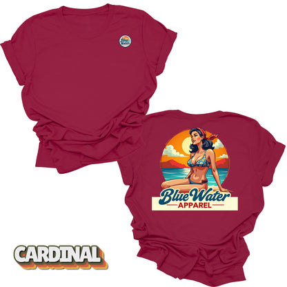 Flat lay tee in Cardinal of Vintage Pin-Up by Blue Water Apparel