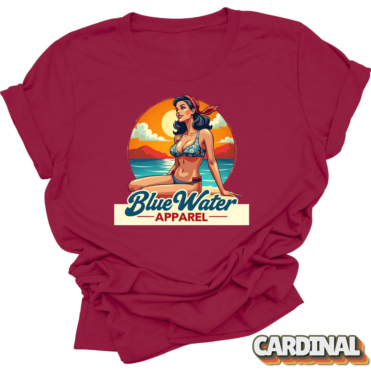 Flat lay of cardinal vintage pin up graphic by Blue Water Apparel