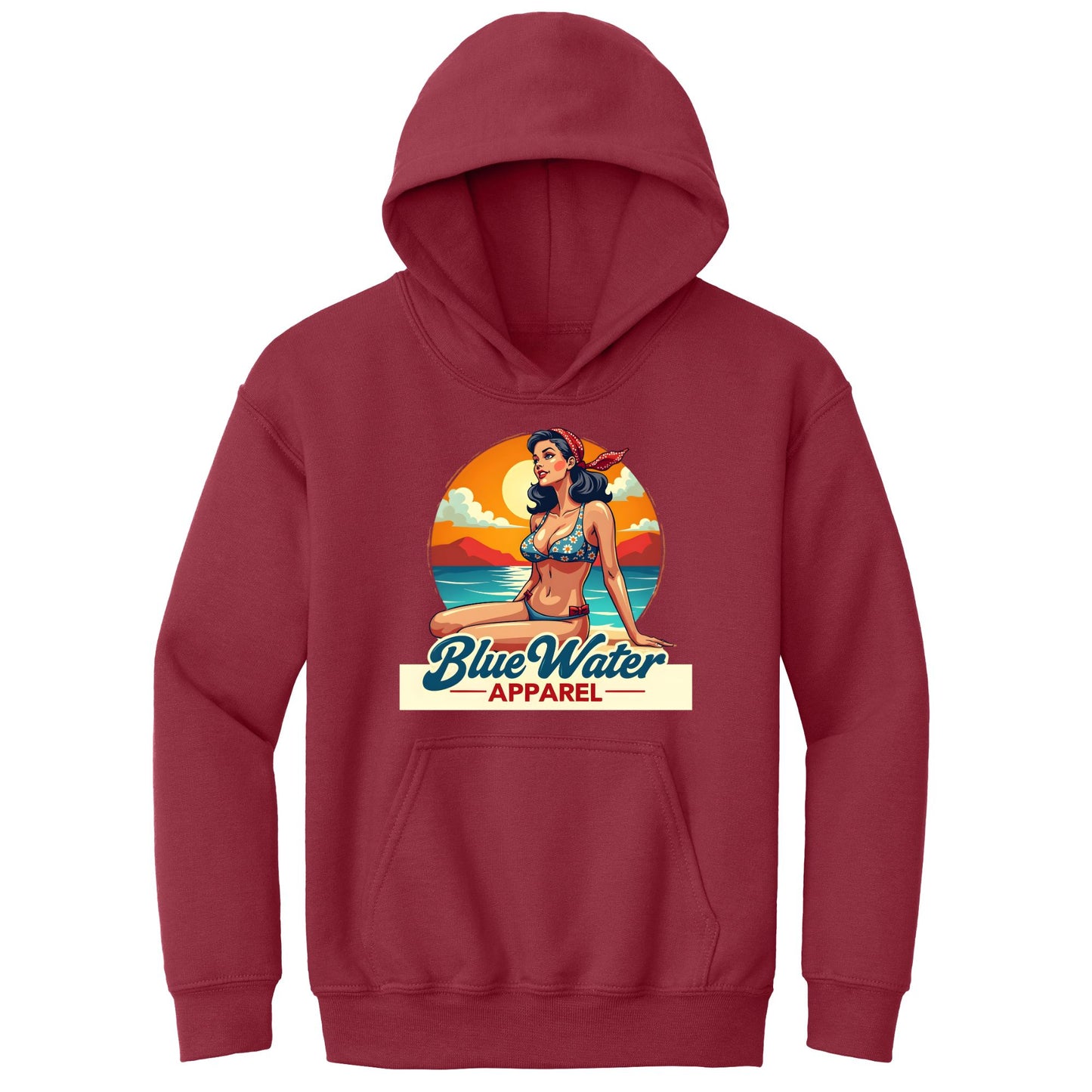 flat lay cardinal red vintage pin up kids hoodie by blue water apparel