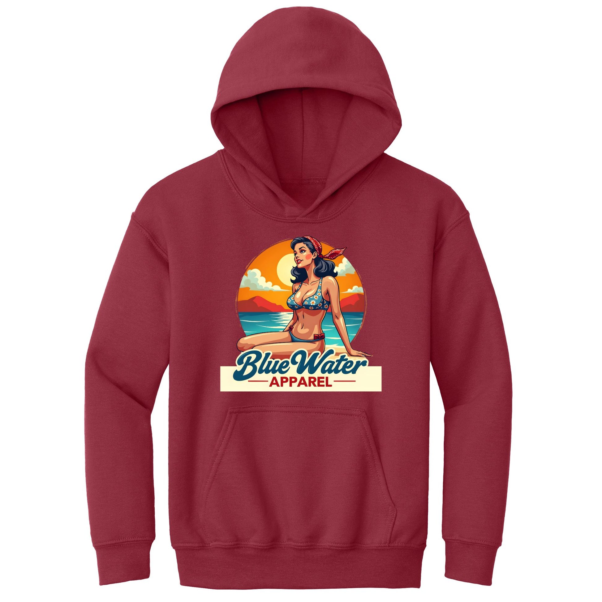 flat lay cardinal red vintage pin up kids hoodie by blue water apparel