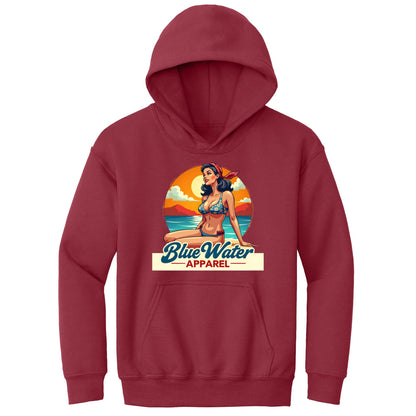 flat lay cardinal red vintage pin up kids hoodie by blue water apparel