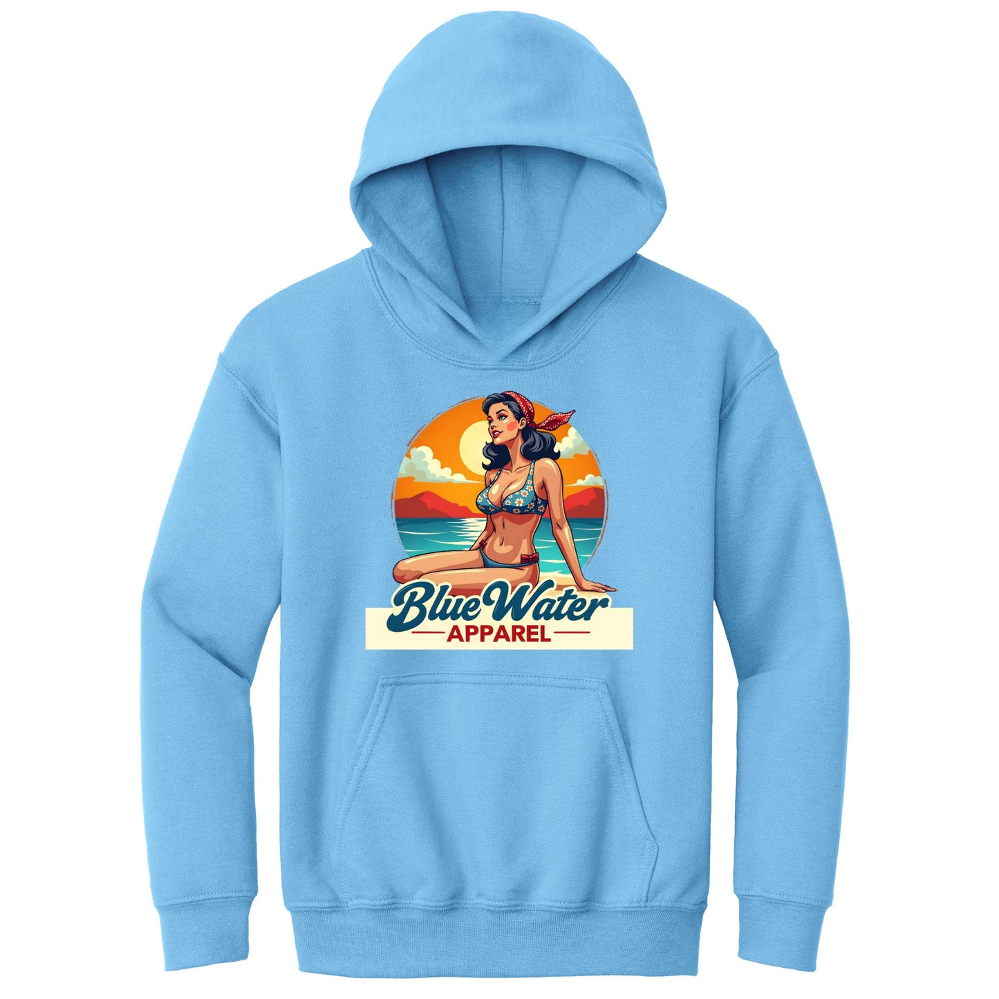 flat lay carolina blue vintage pin up kids hoodie by blue water apparel