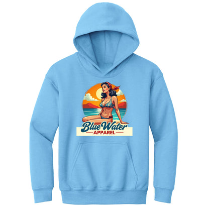 flat lay carolina blue vintage pin up kids hoodie by blue water apparel