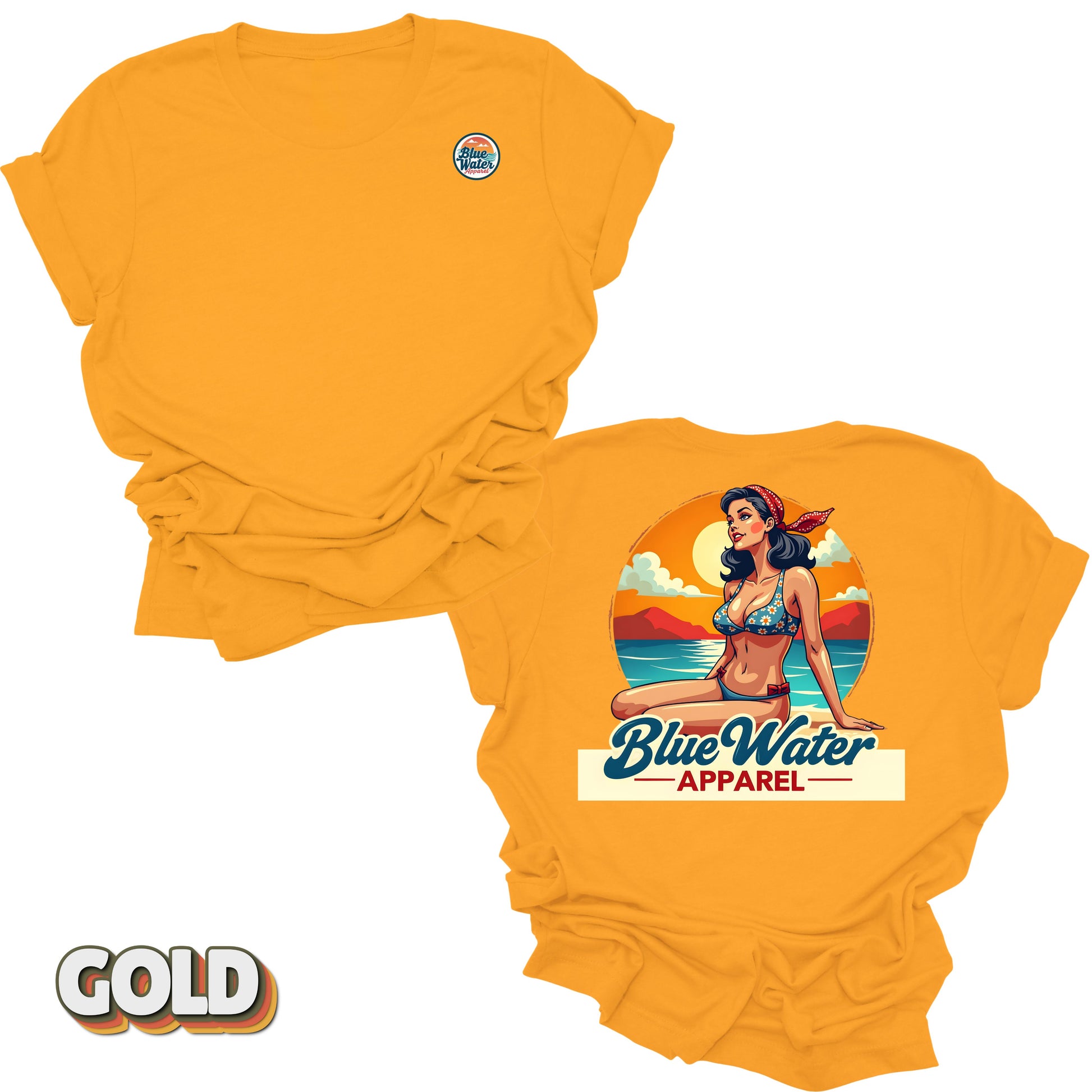 Flat lay tee in Gold of Vintage Pin-Up by Blue Water Apparel