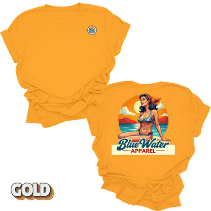Flat lay tee in Gold of Vintage Pin-Up by Blue Water Apparel