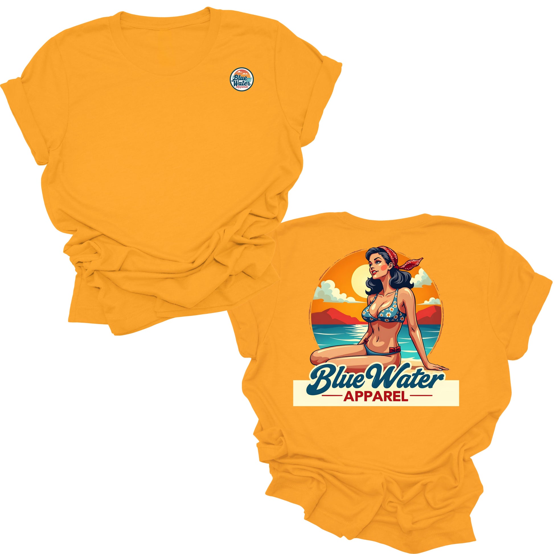 flat lay goldl vintage pin up tee by blue water apparel