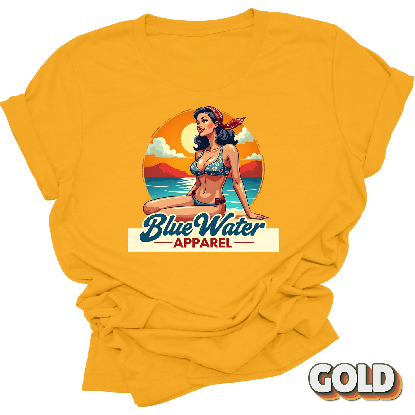 Flat lay of gold vintage pin up graphic by Blue Water Apparel