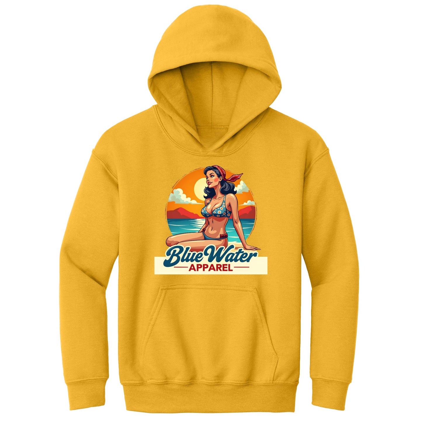 flat lay gold vintage pin up kids hoodie by blue water apparel