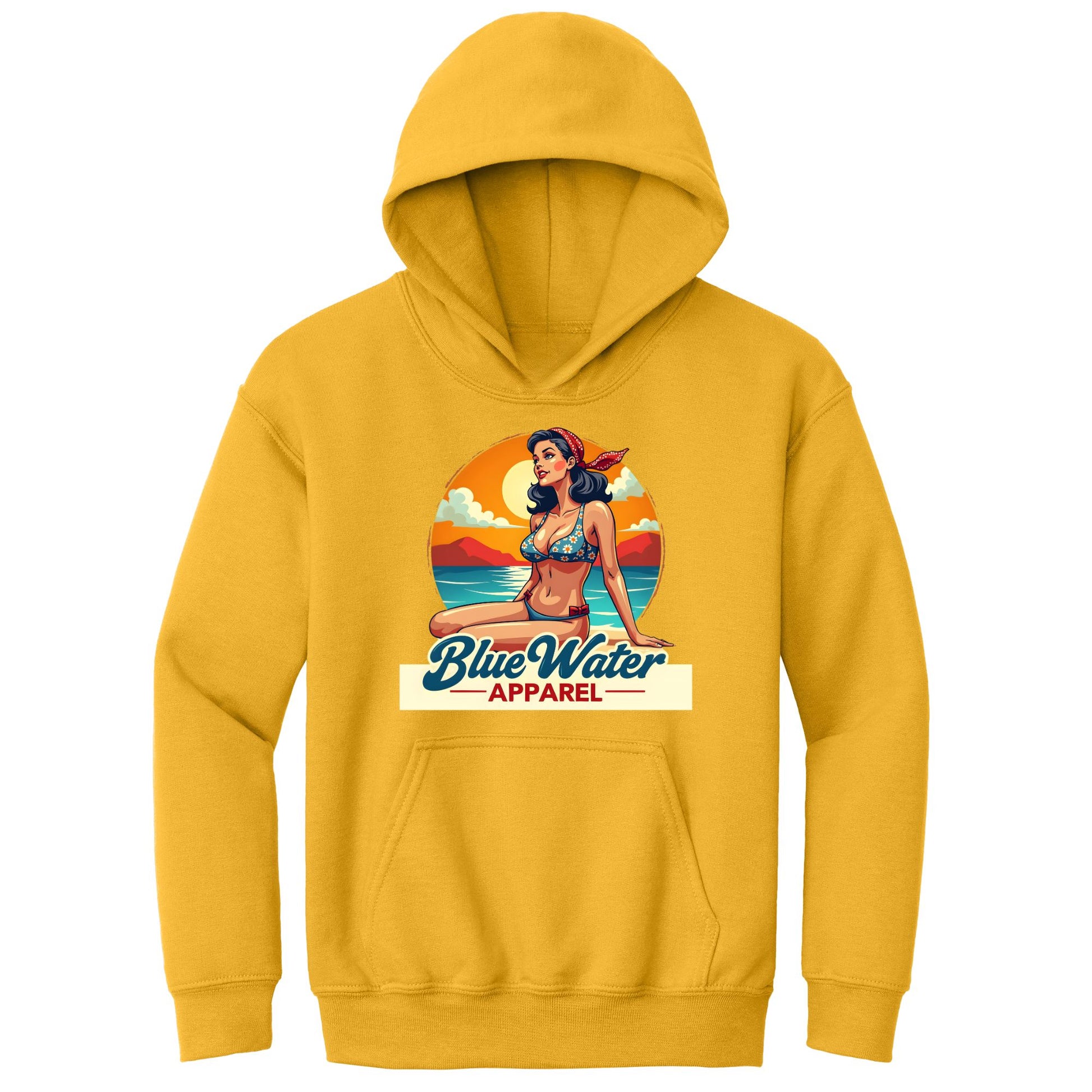 flat lay gold vintage pin up kids hoodie by blue water apparel