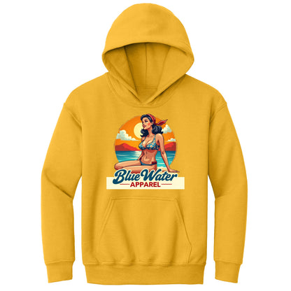 flat lay gold vintage pin up kids hoodie by blue water apparel