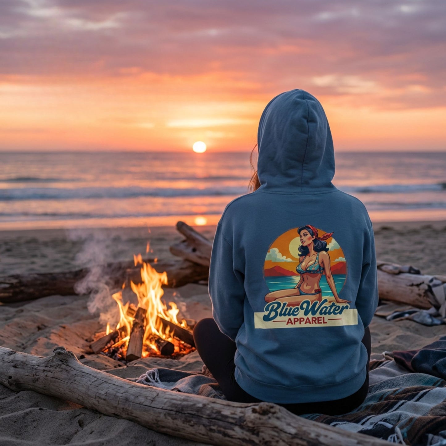 Woman wearing indigo blue Vintage Pin-Up hoodie beach bonfire lifestyle by Blue Water Apparel