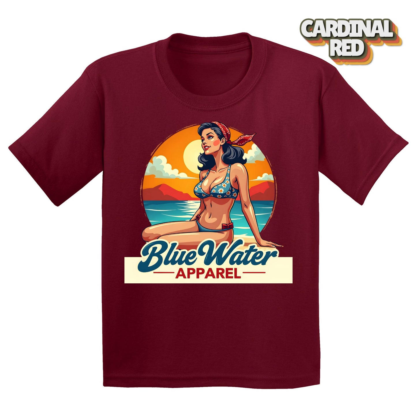 Flat lay Cardinal Red Vintage Pin-Up tee by Blue Water Apparel