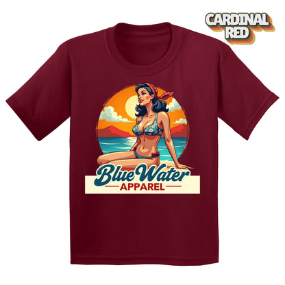 Flat lay Cardinal Red Vintage Pin-Up tee by Blue Water Apparel