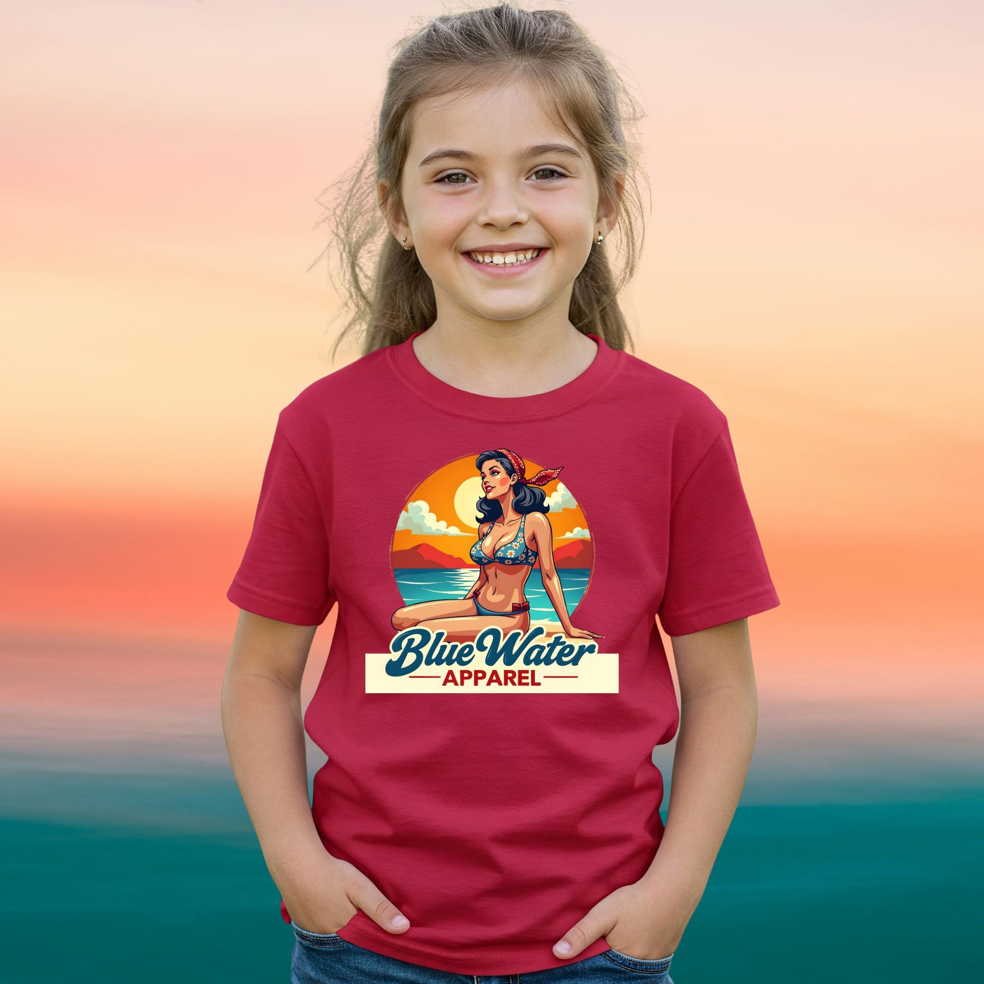 model wearing a cardinal red vintage pin up tee by blue water apparel