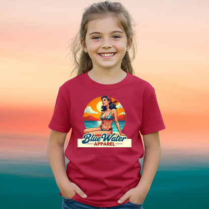 model wearing a cardinal red vintage pin up tee by blue water apparel