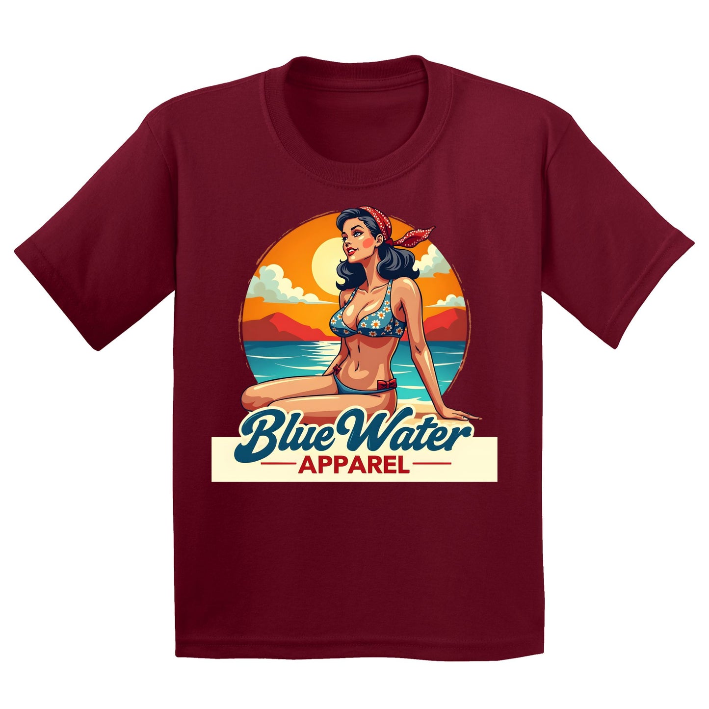 flat lay cardinal red vintage pin up kids tee by blue water apparel