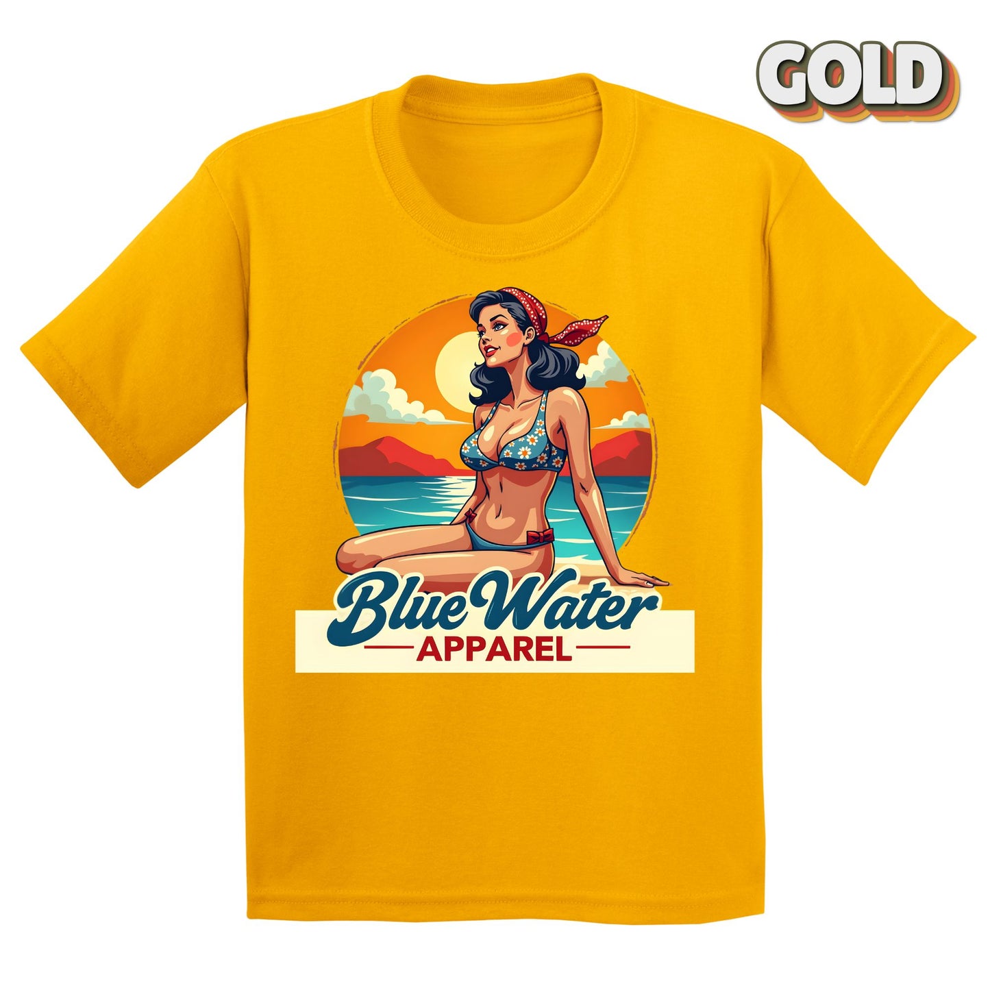 Flat lay Gold Vintage Pin-Up tee by Blue Water Apparel
