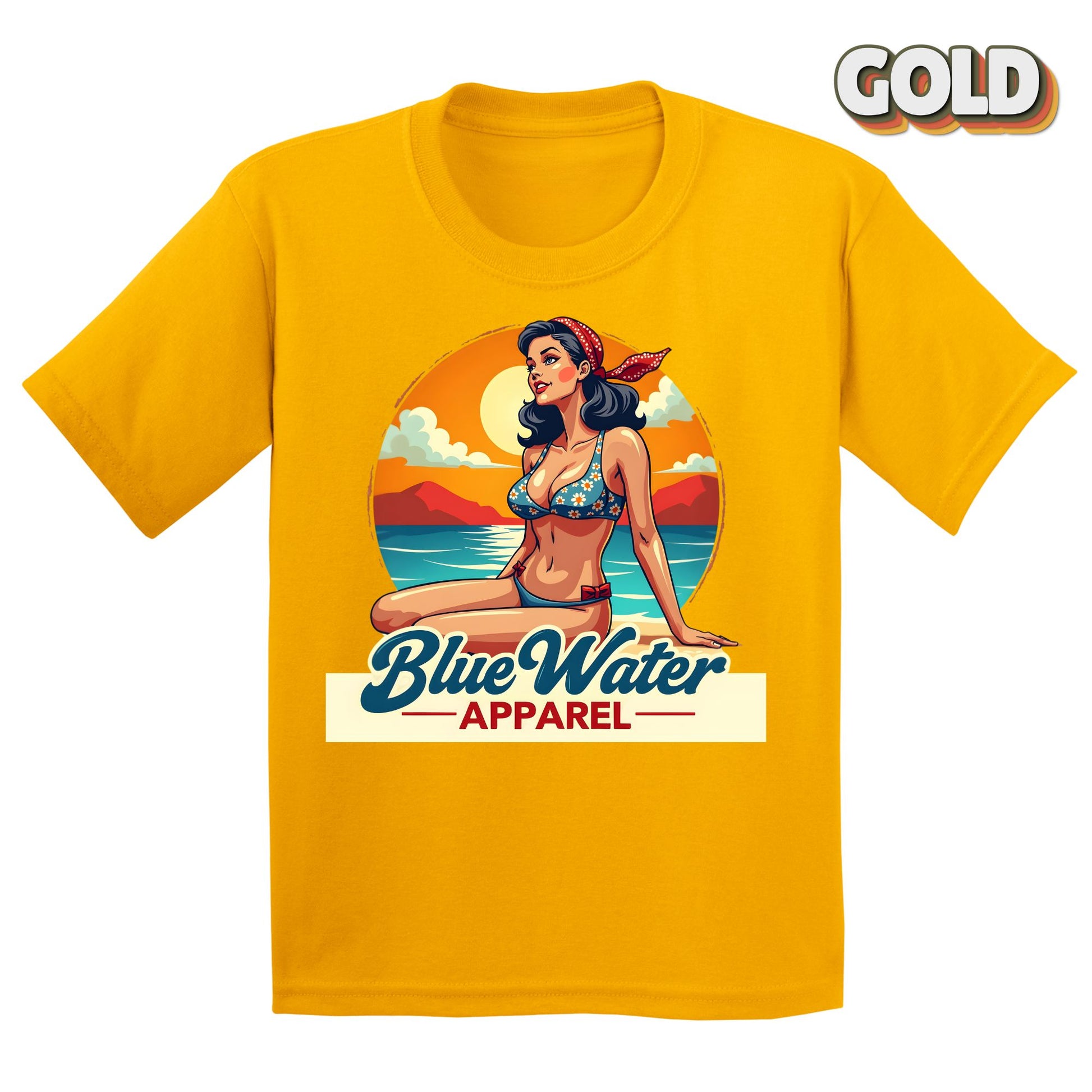Flat lay Gold Vintage Pin-Up tee by Blue Water Apparel