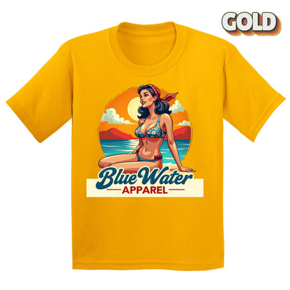 Flat lay Gold Vintage Pin-Up tee by Blue Water Apparel
