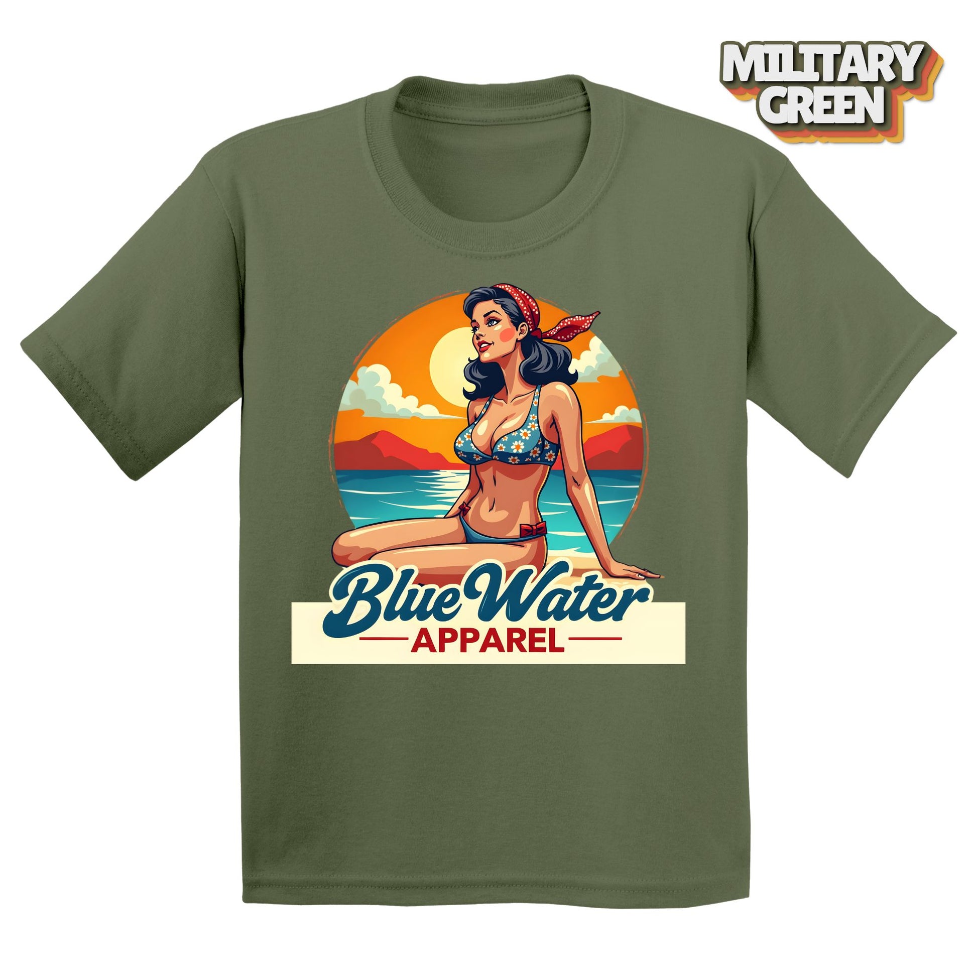 Flat lay Military Green Vintage Pin-Up tee by Blue Water Apparel