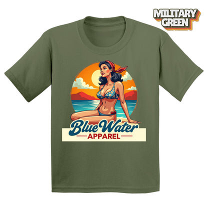 Flat lay Military Green Vintage Pin-Up tee by Blue Water Apparel