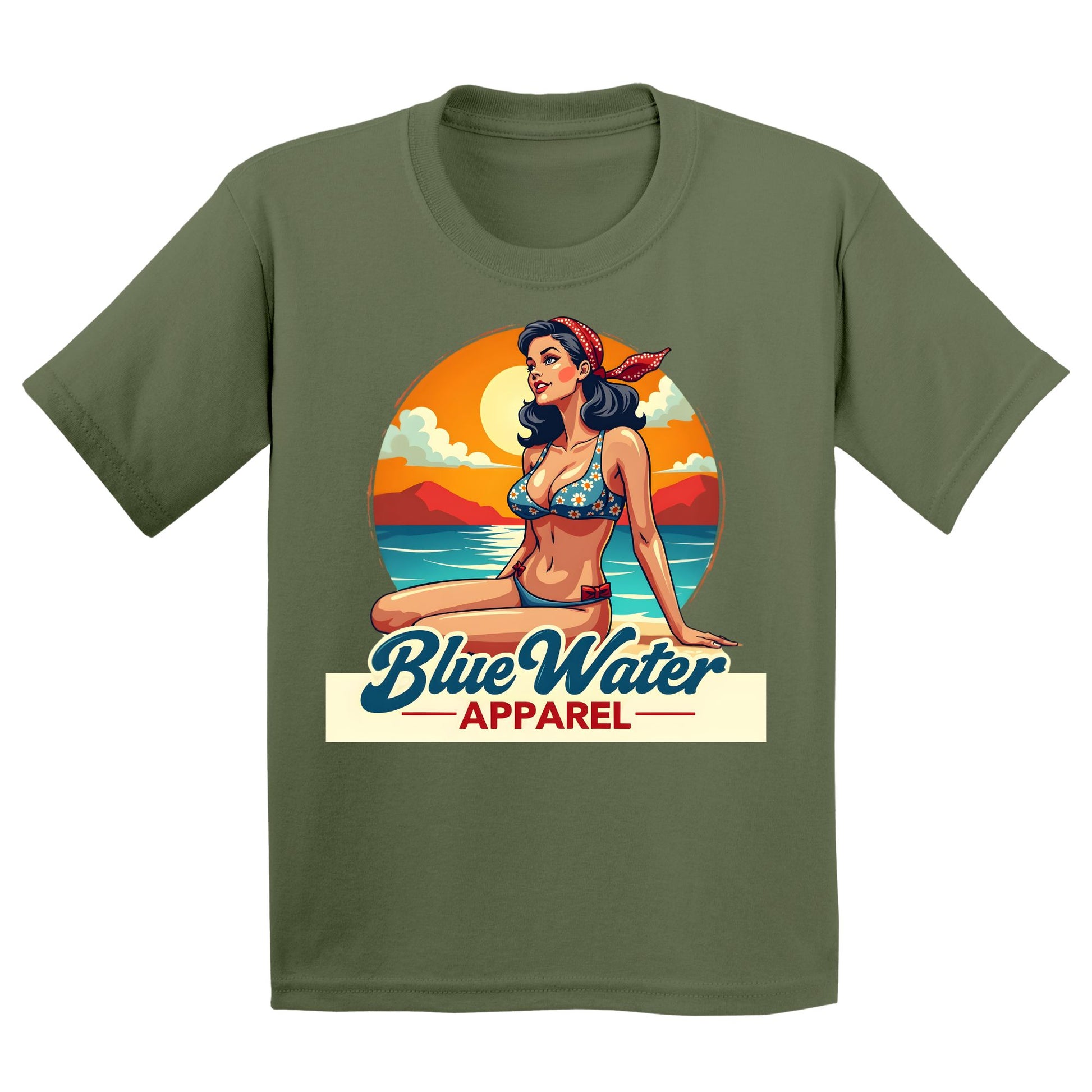 flat lay military green vintage pin up kids tee by blue water apparel