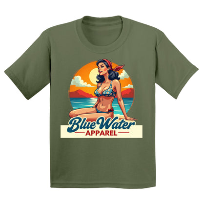 flat lay military green vintage pin up kids tee by blue water apparel