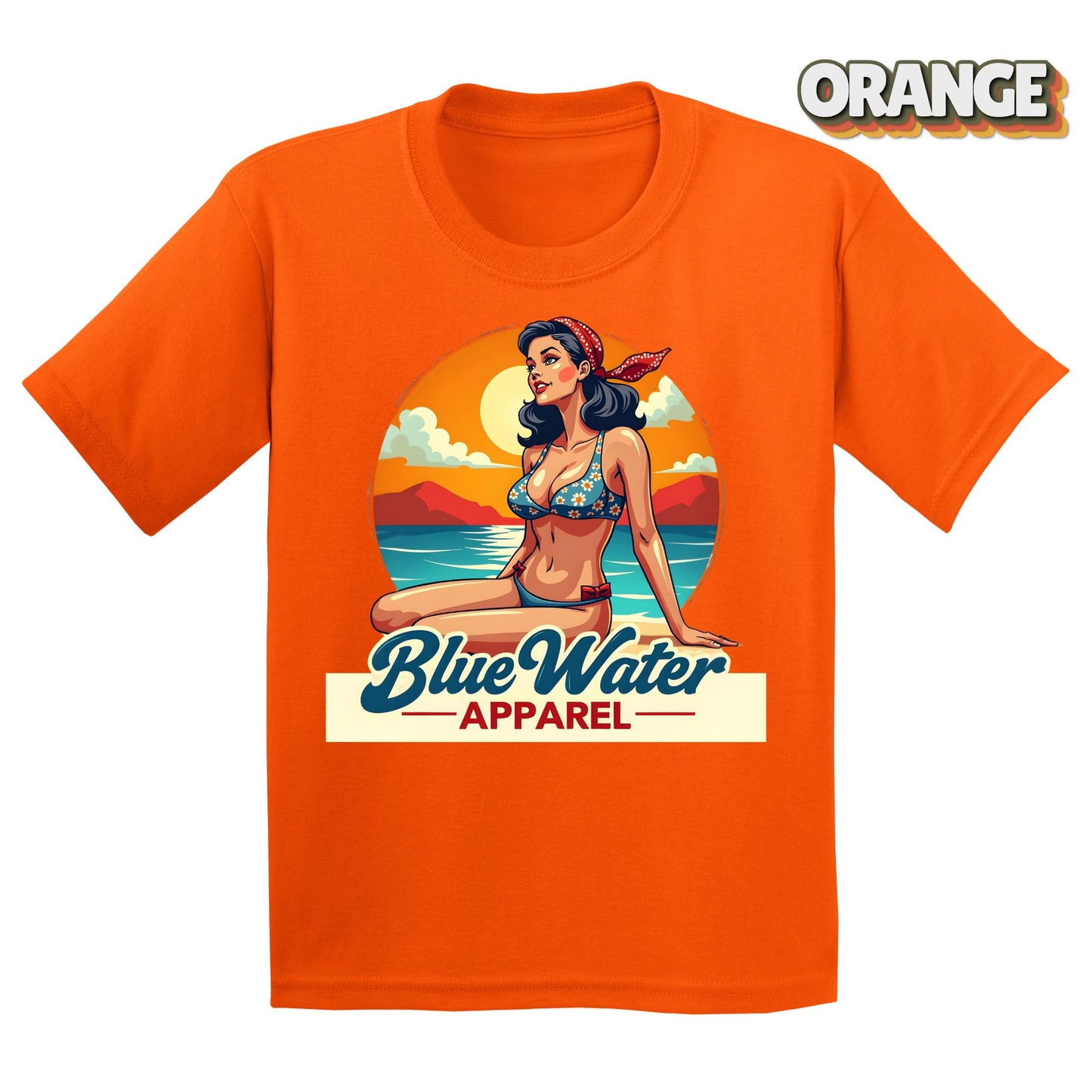 Flat lay Orange Vintage Pin-Up tee by Blue Water Apparel