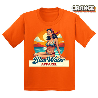Flat lay Orange Vintage Pin-Up tee by Blue Water Apparel