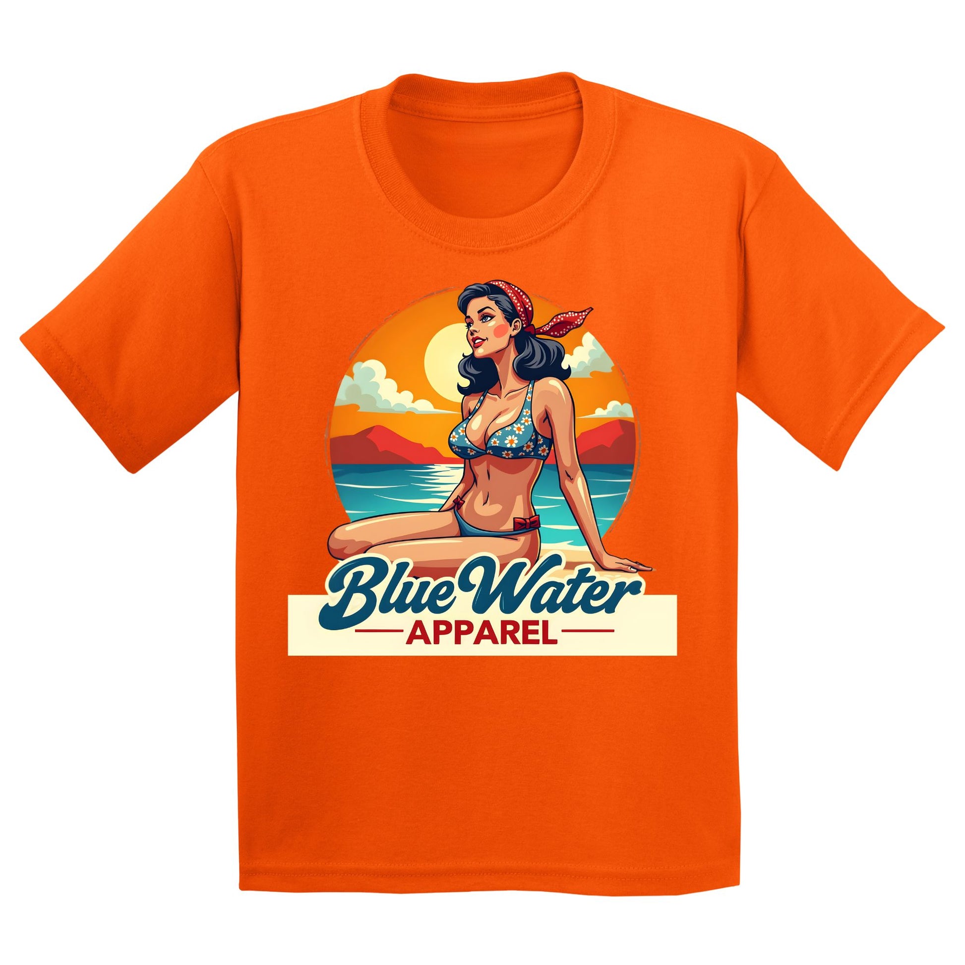 flat lay orange vintage pin up kids tee by blue water apparel
