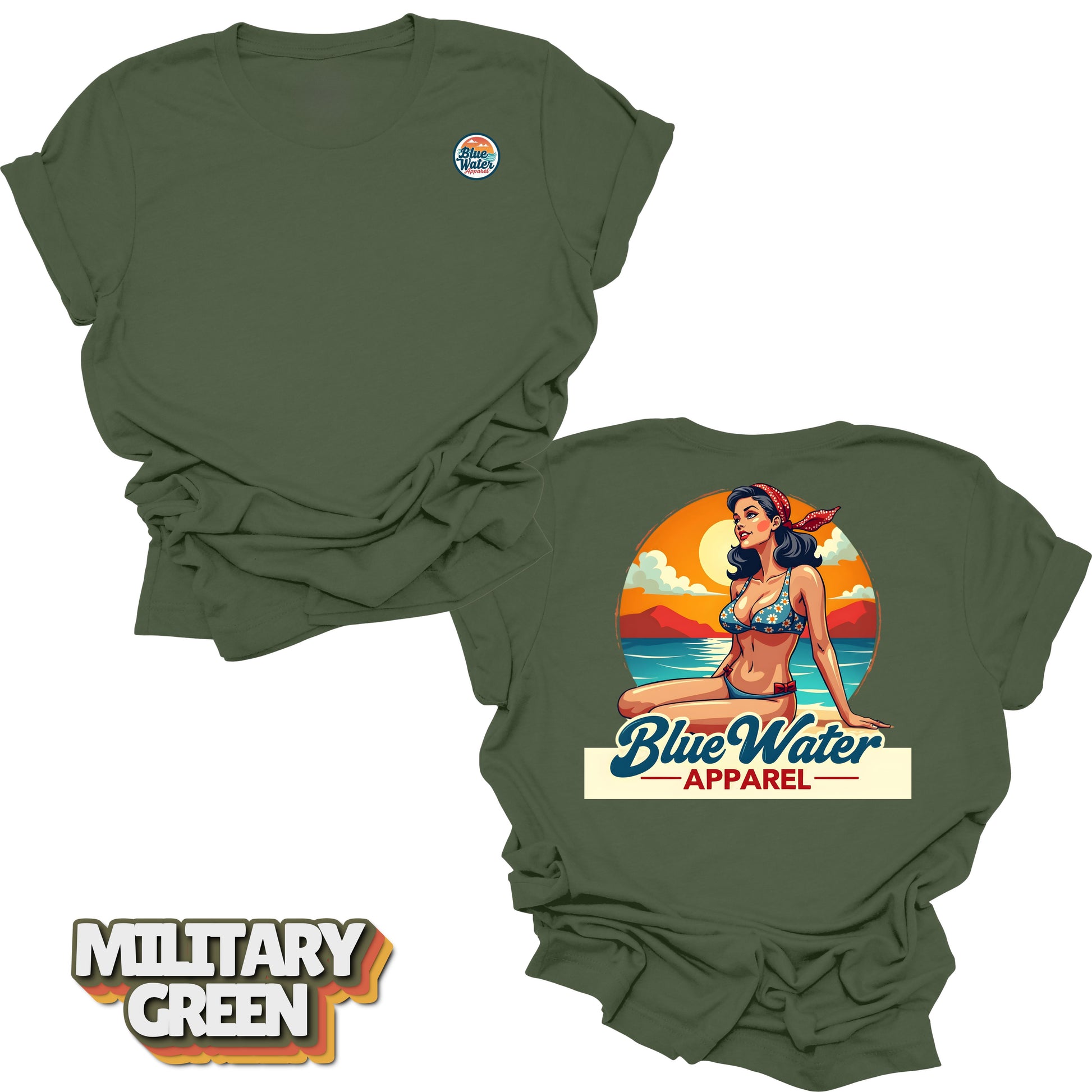 Flat lay tee in Military Green of Vintage Pin-Up by Blue Water Apparel