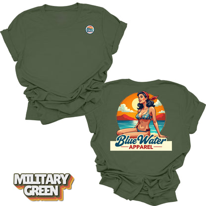 Flat lay tee in Military Green of Vintage Pin-Up by Blue Water Apparel