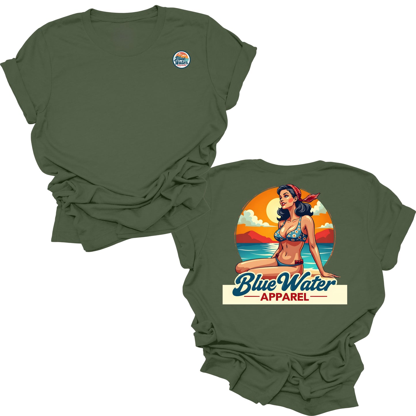 flat lay military green vintage pin up tee by blue water apparel