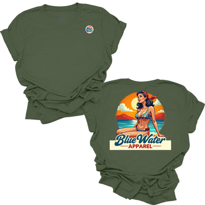 flat lay military green vintage pin up tee by blue water apparel