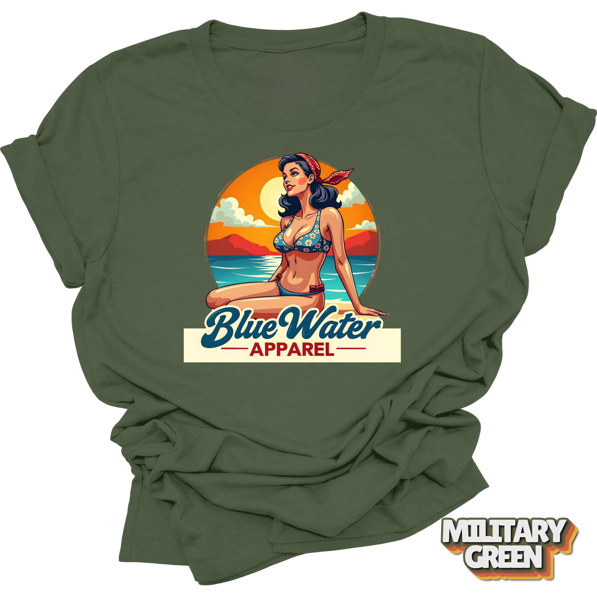 Flat lay of military green vintage pin up graphic by Blue Water Apparel