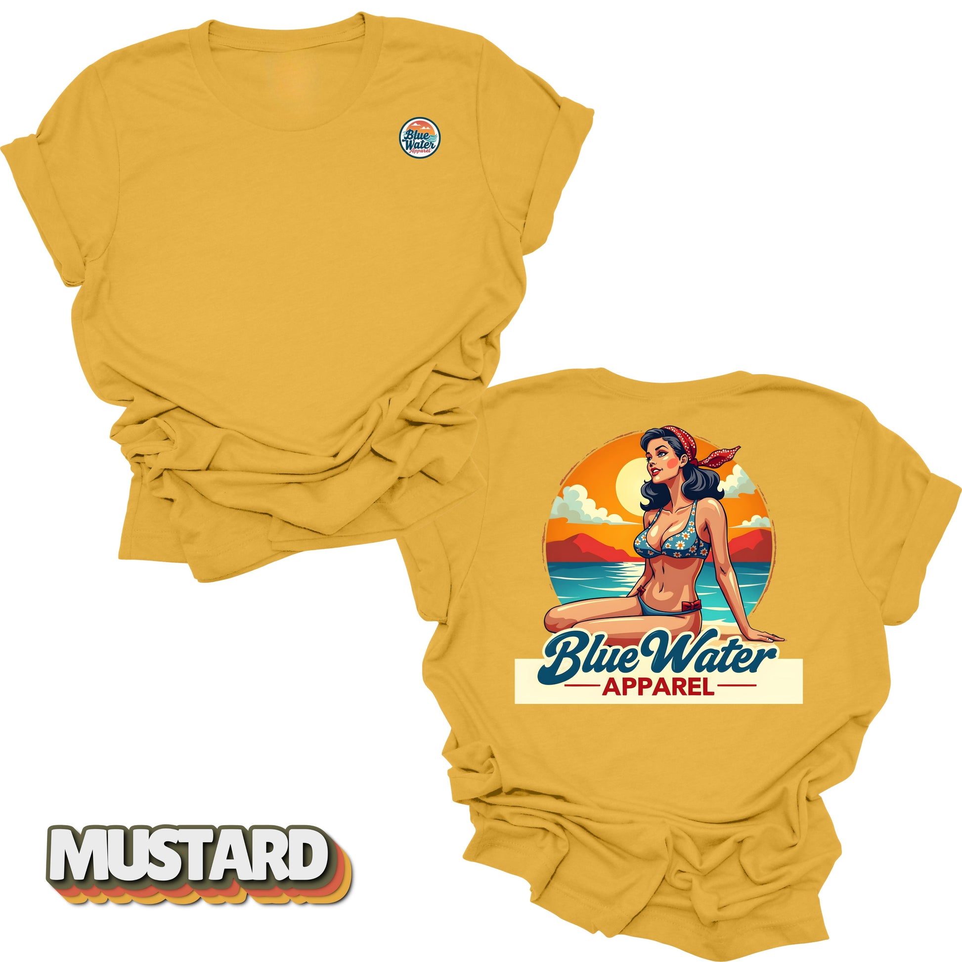 Flat lay tee in Mustard of Vintage Pin-Up by Blue Water Apparel