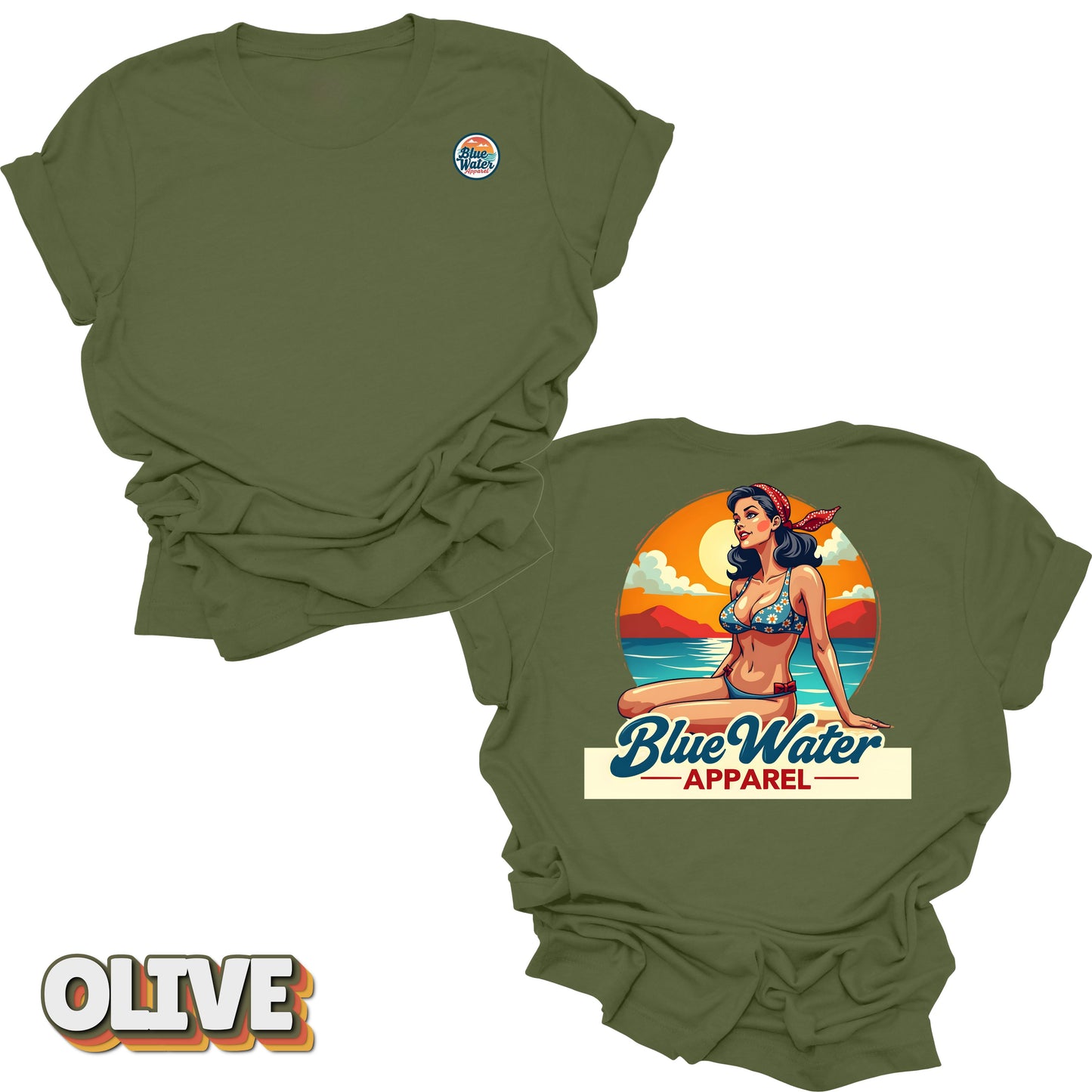 Flat lay tee in Olive of Vintage Pin-Up by Blue Water Apparel