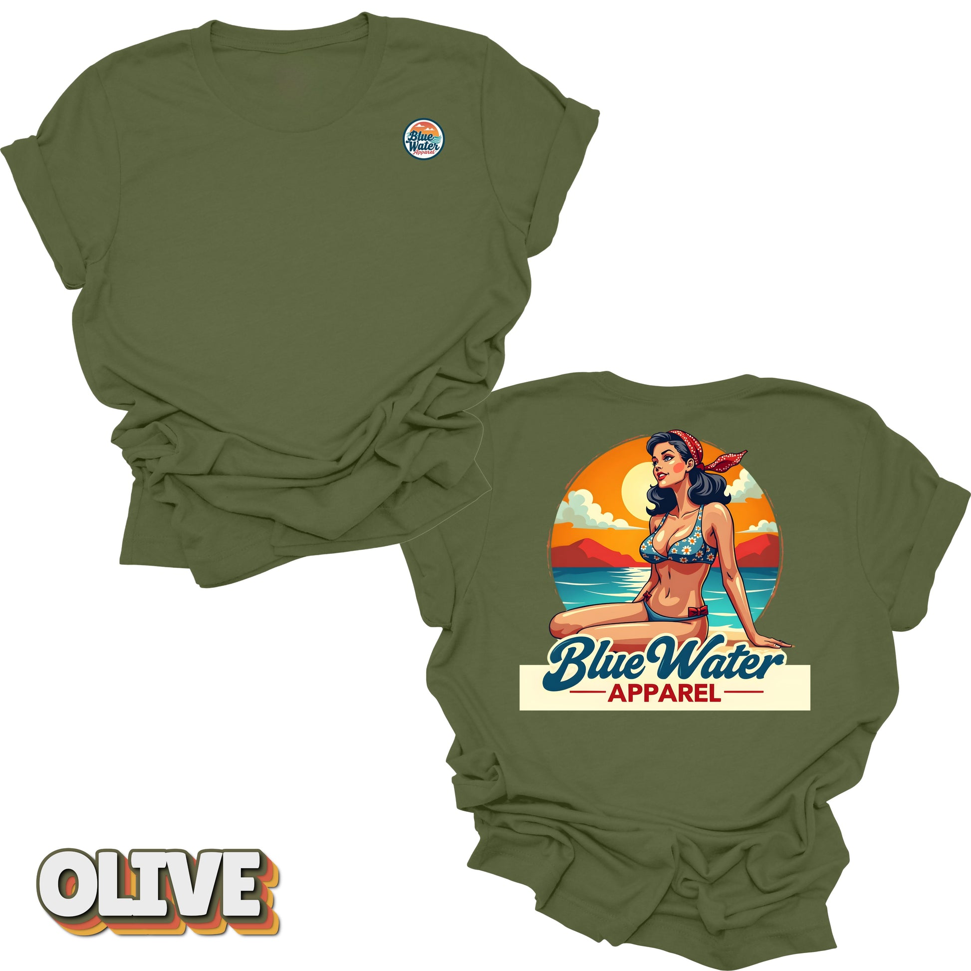 Flat lay tee in Olive of Vintage Pin-Up by Blue Water Apparel