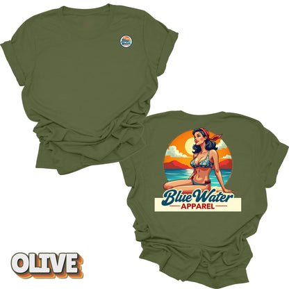 Flat lay tee in Olive of Vintage Pin-Up by Blue Water Apparel