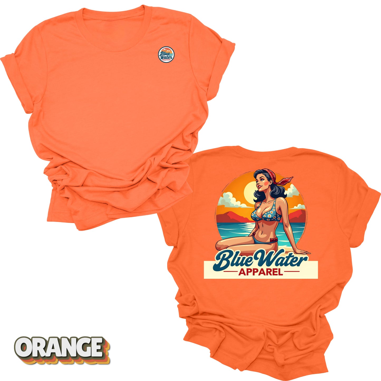 Flat lay tee in Orange of Vintage Pin-Up by Blue Water Apparel