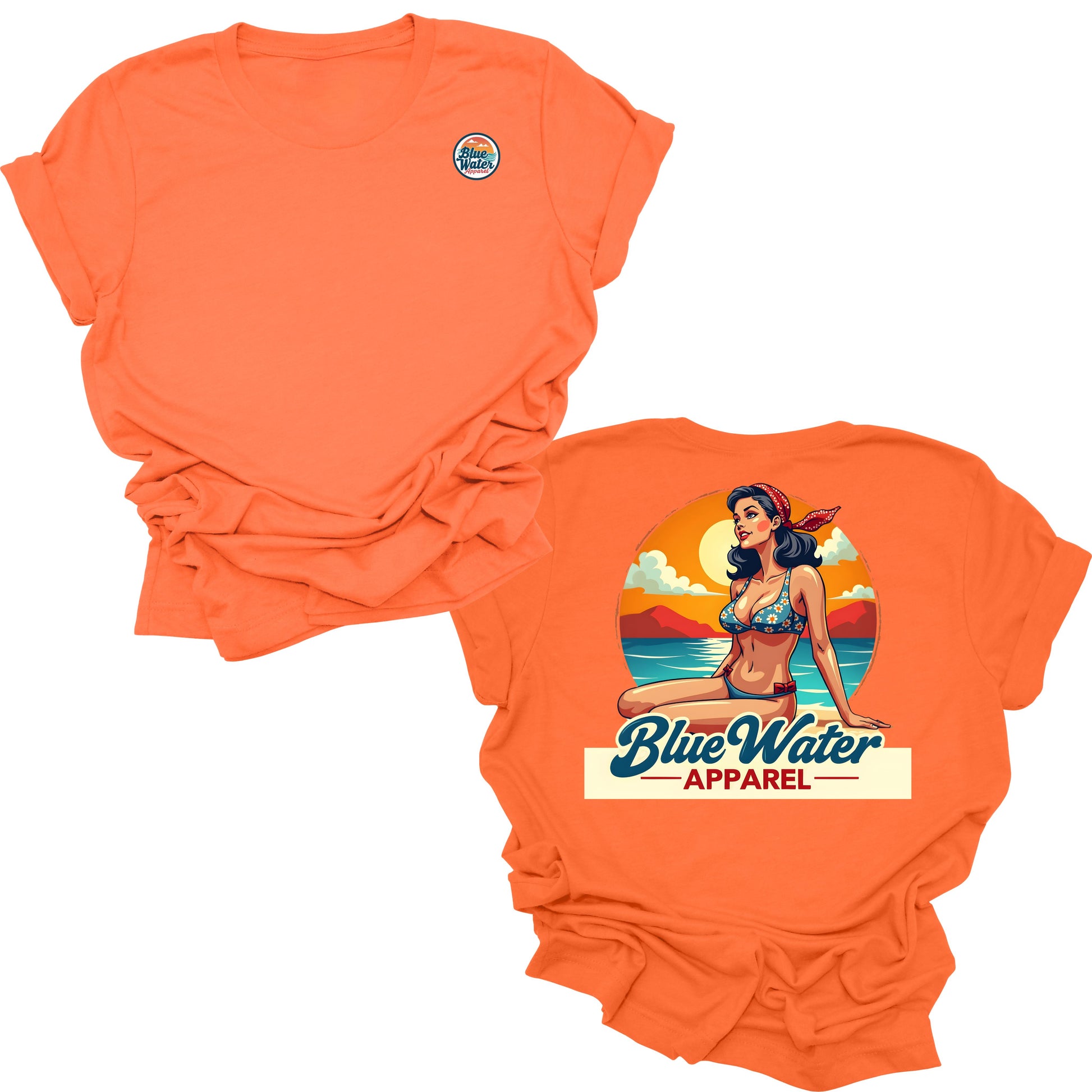 flat lay orange vintage pin up tee by blue water apparel