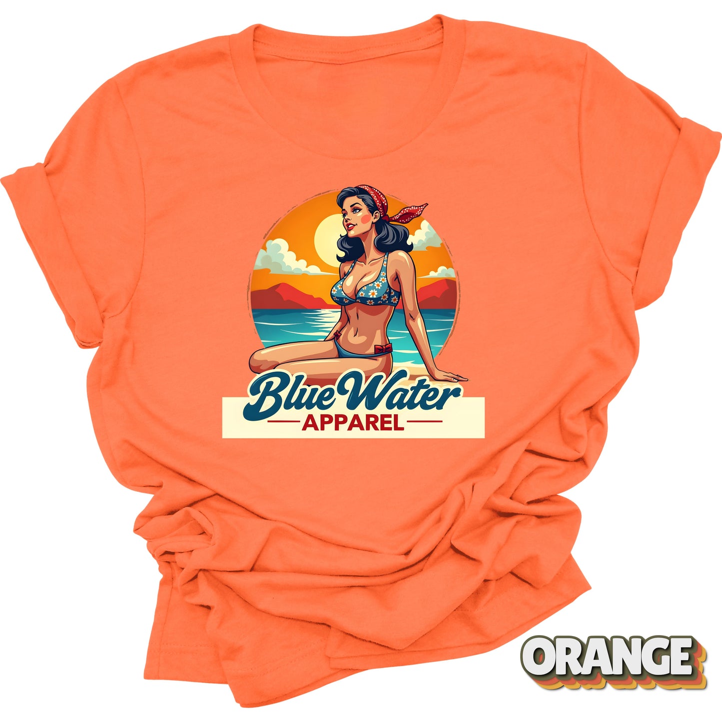 Flat lay of orange vintage pin up graphic by Blue Water Apparel